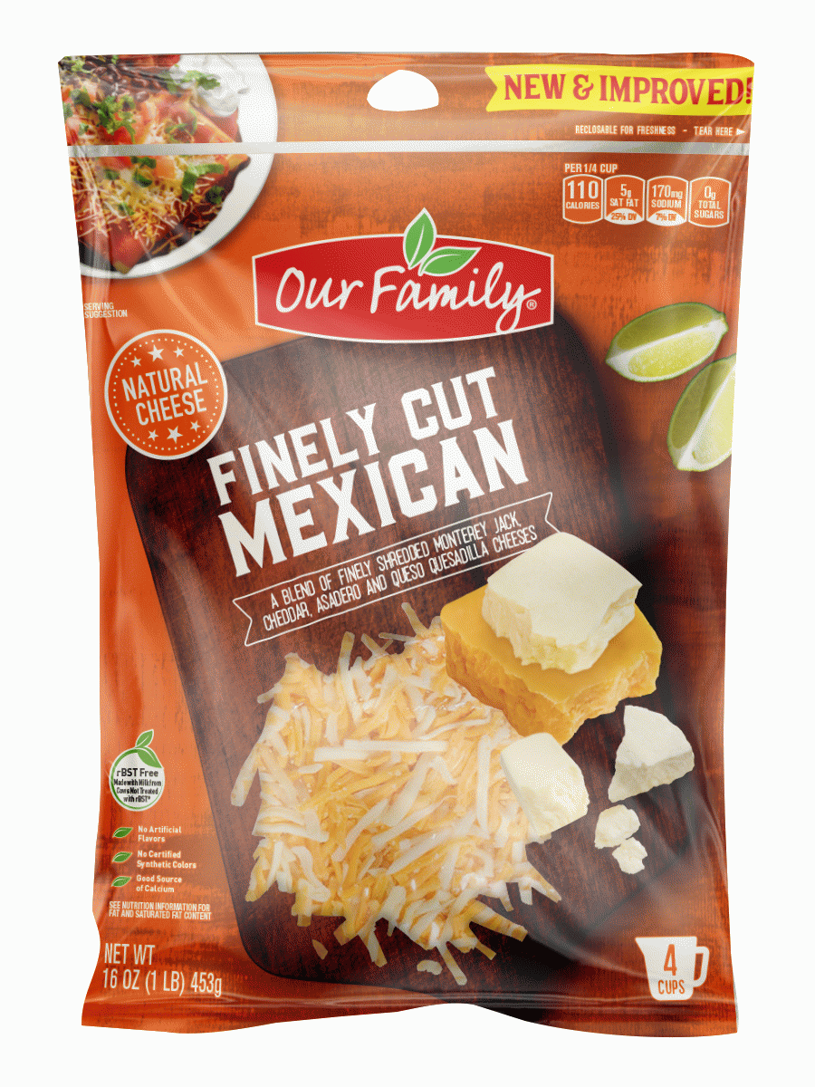 Our Daily Red Fancy Shreds mexican blend; monterey jack, mild cheddar, queso and asadero cheeses Full-Size Picture